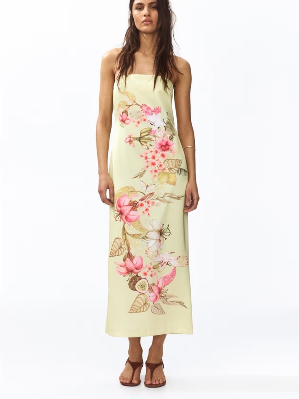 NWT H&M Bandeau Midi Dress Yellow/floral/figs/hummingbird 1333525001 Size L